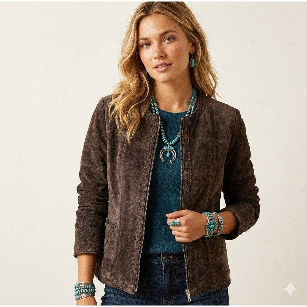 VTG Y2K Bradley Bayou Western Suede Leather Braided Full Zip Mocha Jacket SZ XL